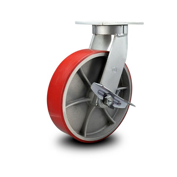 10 Inch Extra Heavy Duty Red Poly on Cast Iron Wheel Swivel Caster with Brake